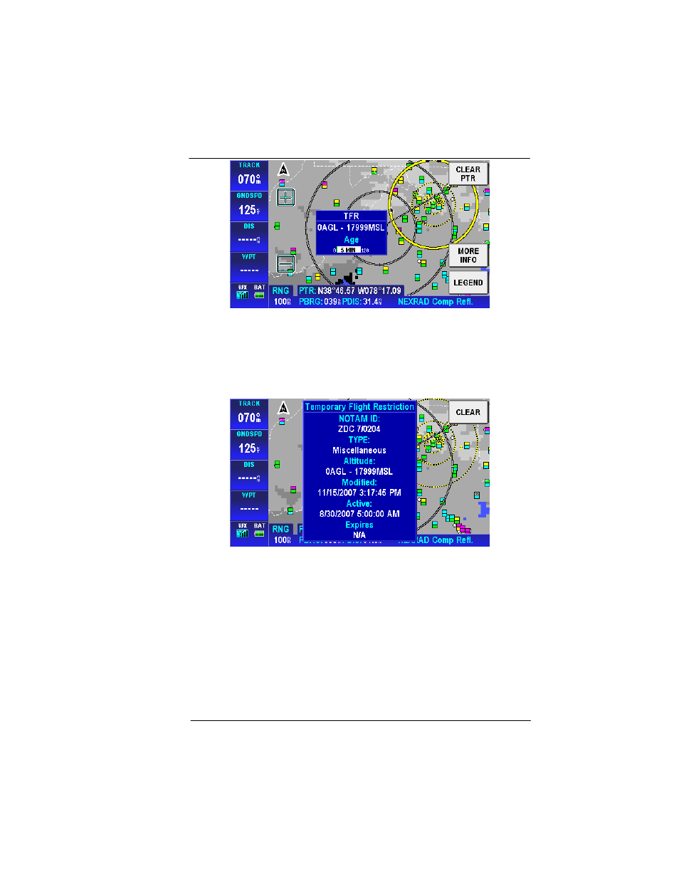 Graphical metars (usa and canada), Figure 2-127: tfr popup window, Figure 2-128: tfr more info window | BendixKing AV8OR User Manual | Page 133 / 368