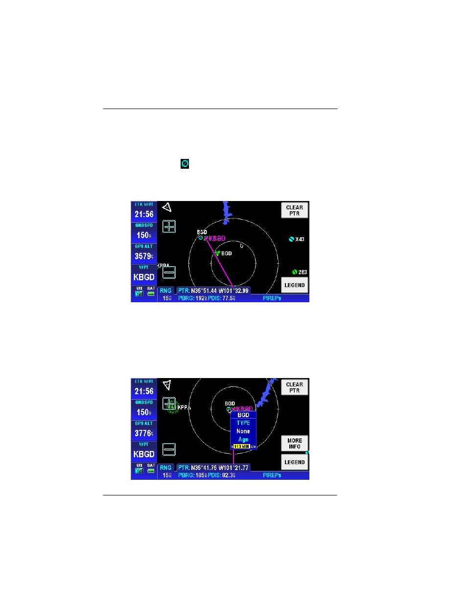 Figure 2-132: wx – graphical pireps, Figure 2-133: wx – graphical pireps popup window | BendixKing AV8OR User Manual | Page 136 / 368