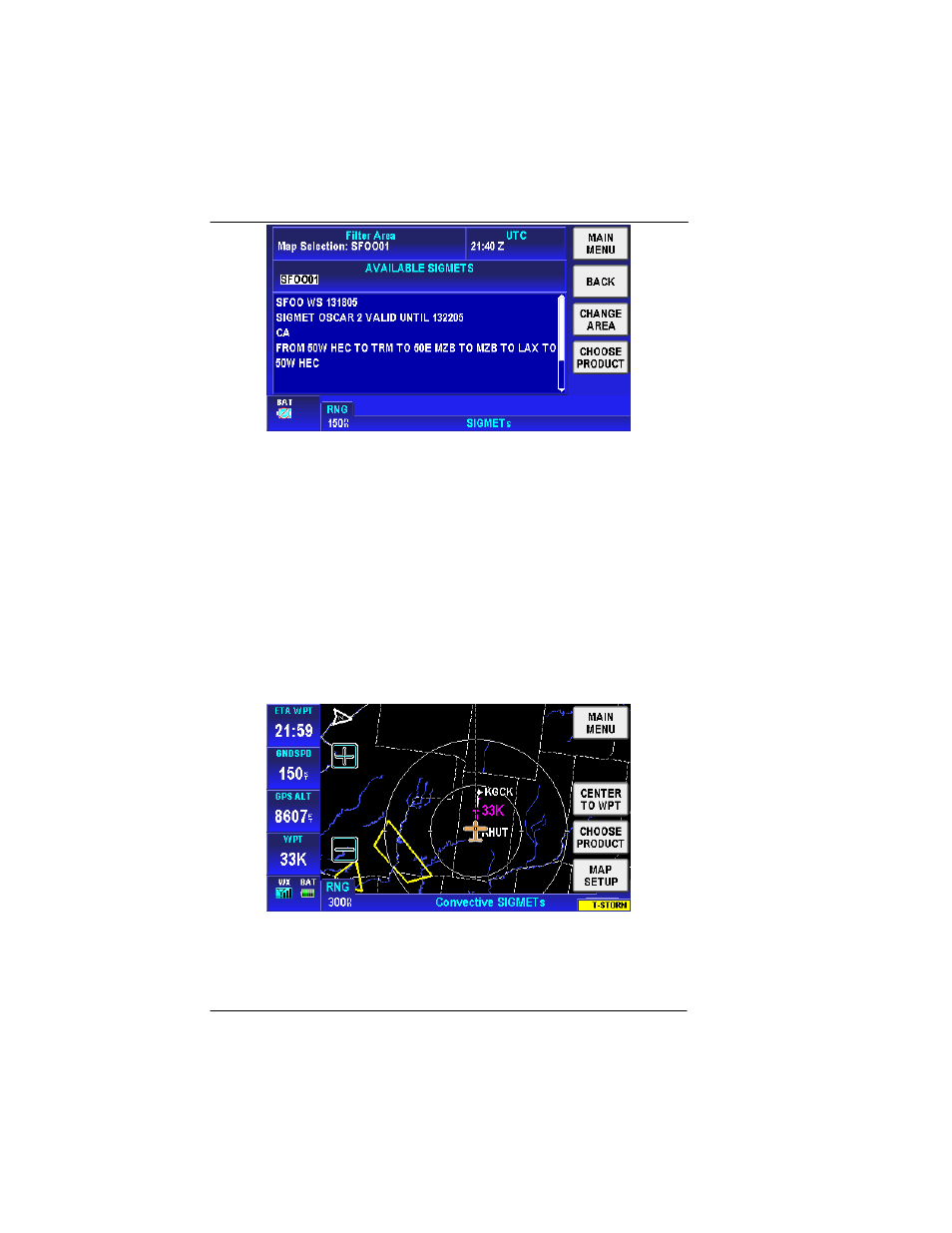 Graphical conv-sigmets (usa only), Figure 2-143: wx – text sigmets, Figure 2-144: wx – graphical conv sigmets | BendixKing AV8OR User Manual | Page 142 / 368