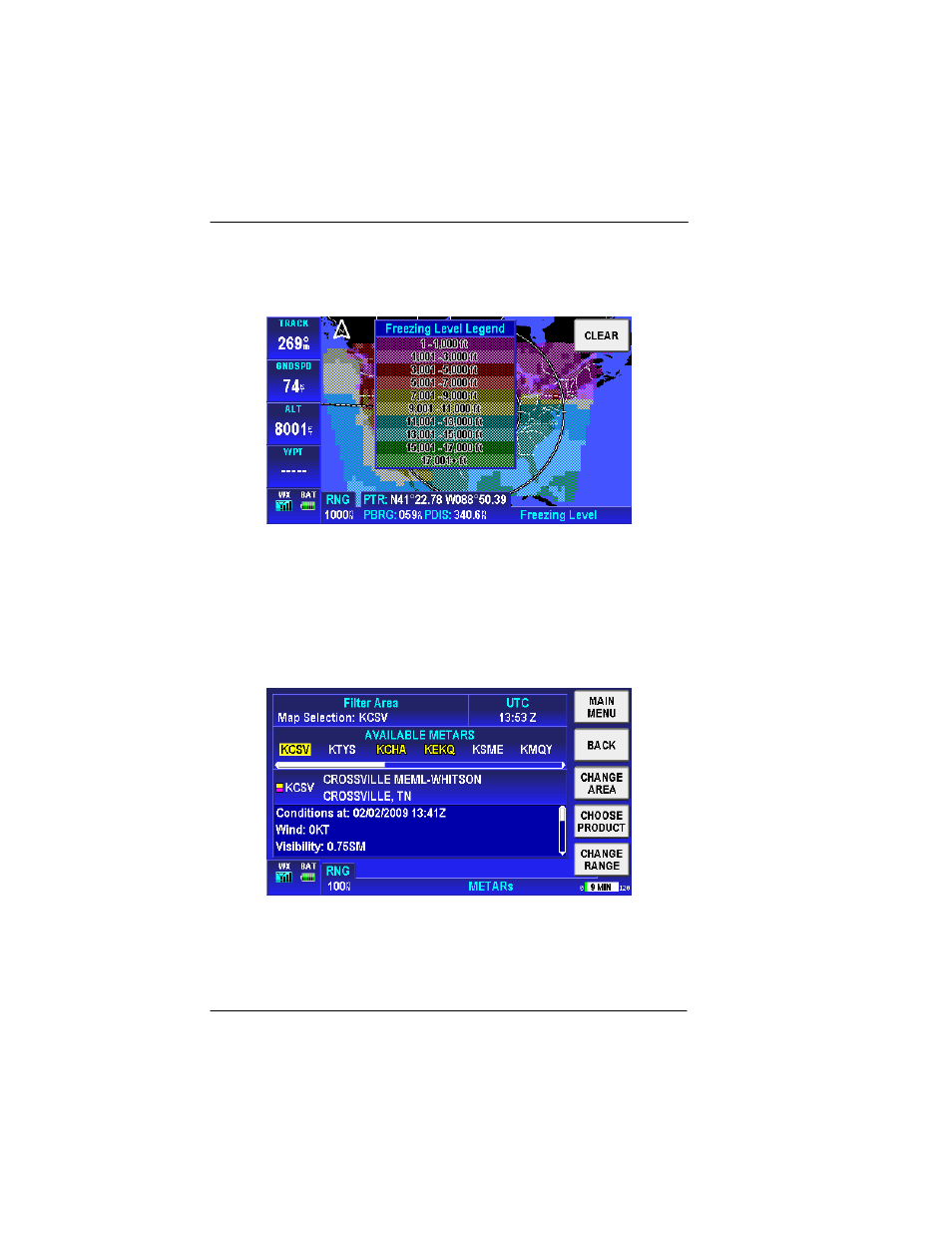 Text metars (usa and canada), Figure 2-154: freezing level legend, Figure 2-155: wx – text metars | BendixKing AV8OR User Manual | Page 148 / 368