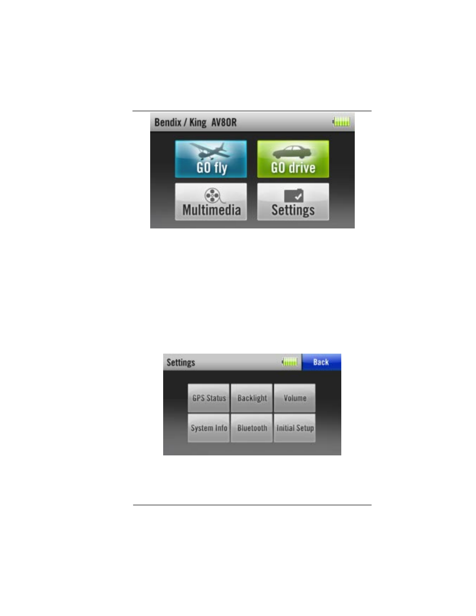 Getting satellite signals, View gps status from settings, Figure 1-9: main menu | BendixKing AV8OR User Manual | Page 37 / 368