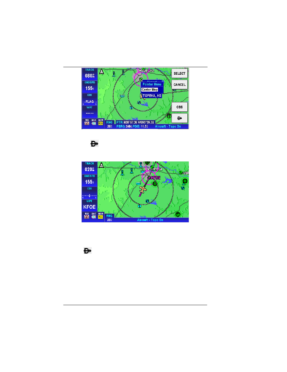 Create a direct-to course from the keyboard entry, No flight plan), Figure 2-52: map – direct to a navaid | Figure 2-53: map – navigate to a navaid point | BendixKing AV8OR User Manual | Page 86 / 368