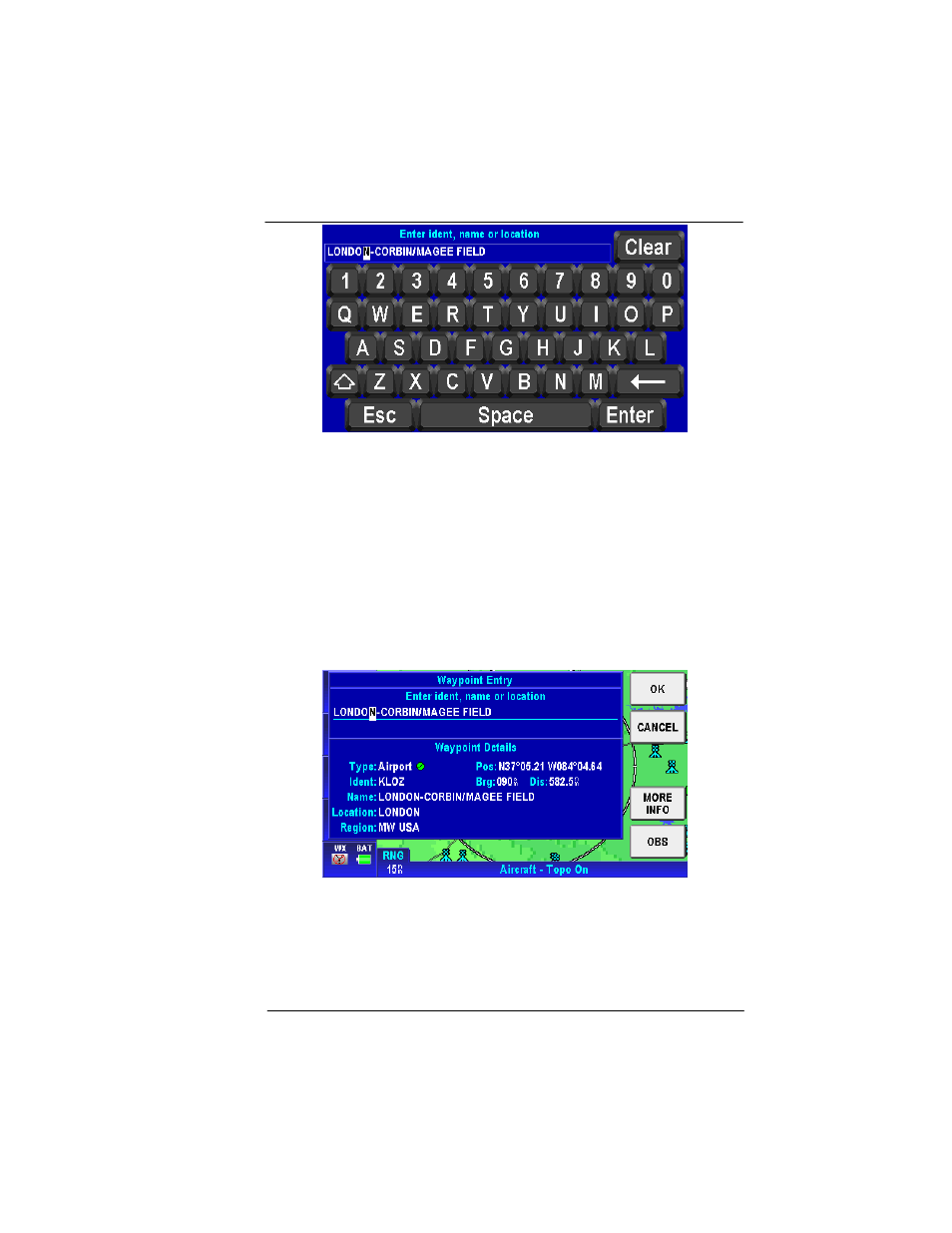 Figure 2-54: map – virtual keyboard, Figure 2-55: map – entered waypoint info | BendixKing AV8OR User Manual | Page 87 / 368