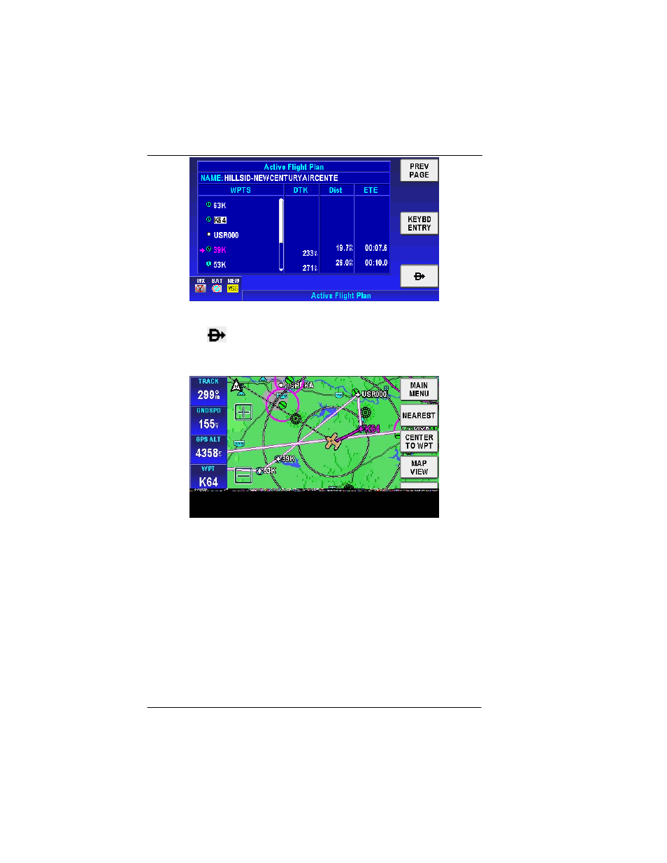 Enter a direct-to wpt with a flight plan active, Figure 2-59: bypass a wpt – step 3, Figure 2-60: bypass a waypoint step 4 | BendixKing AV8OR User Manual | Page 90 / 368