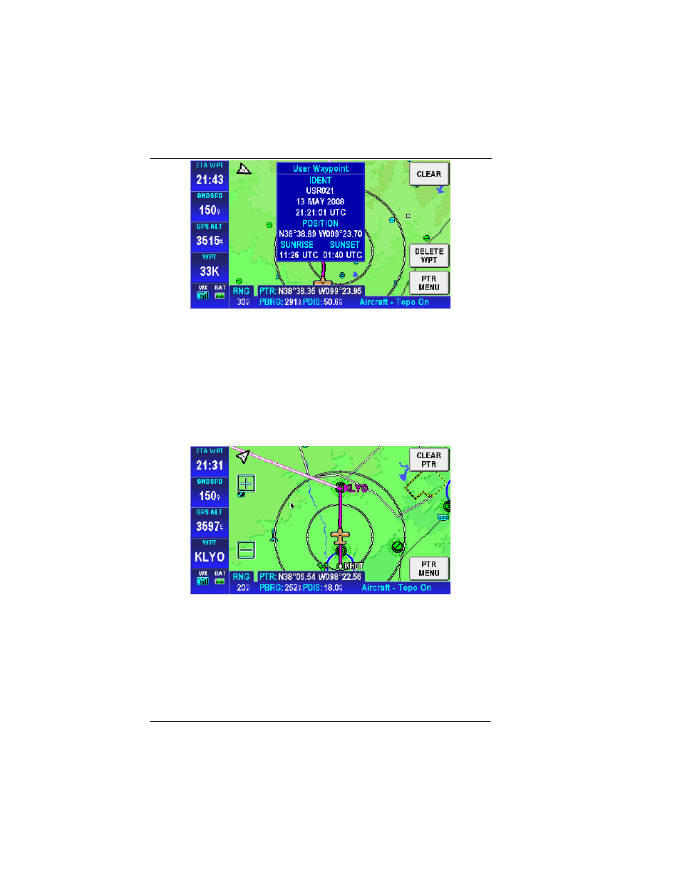 Center the map around pointer position, Figure 2-67: user waypoint – more info, Figure 2-68: ptr menu – center to map | BendixKing AV8OR User Manual | Page 94 / 368