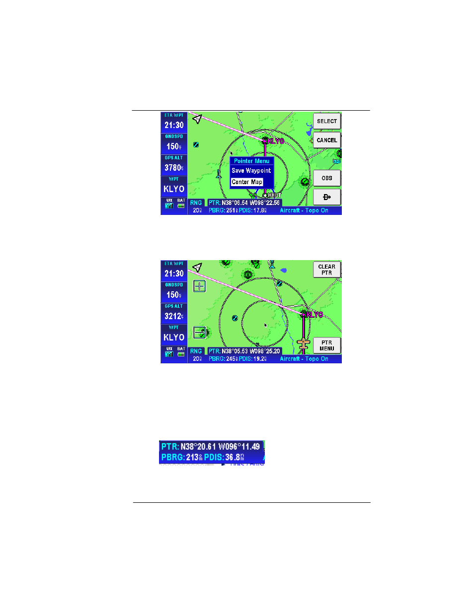 Ptr menu – direct-to navigation, Figure 2-69: pointer menu, Figure 2-70: map centered on pointer | BendixKing AV8OR User Manual | Page 95 / 368