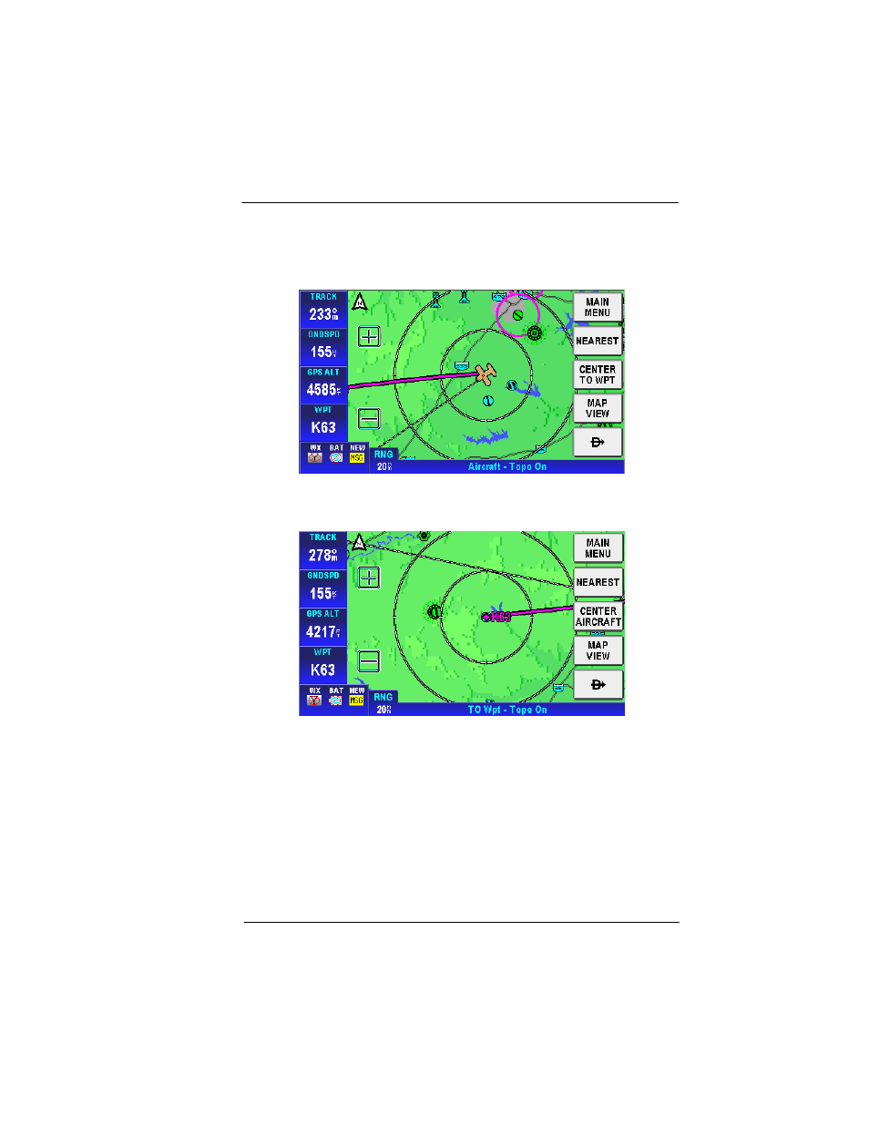 Selectable gps data source, Figure 2-76: map – center to wpt, Figure 2-77: map – center aircraft | BendixKing AV8OR User Manual | Page 99 / 368