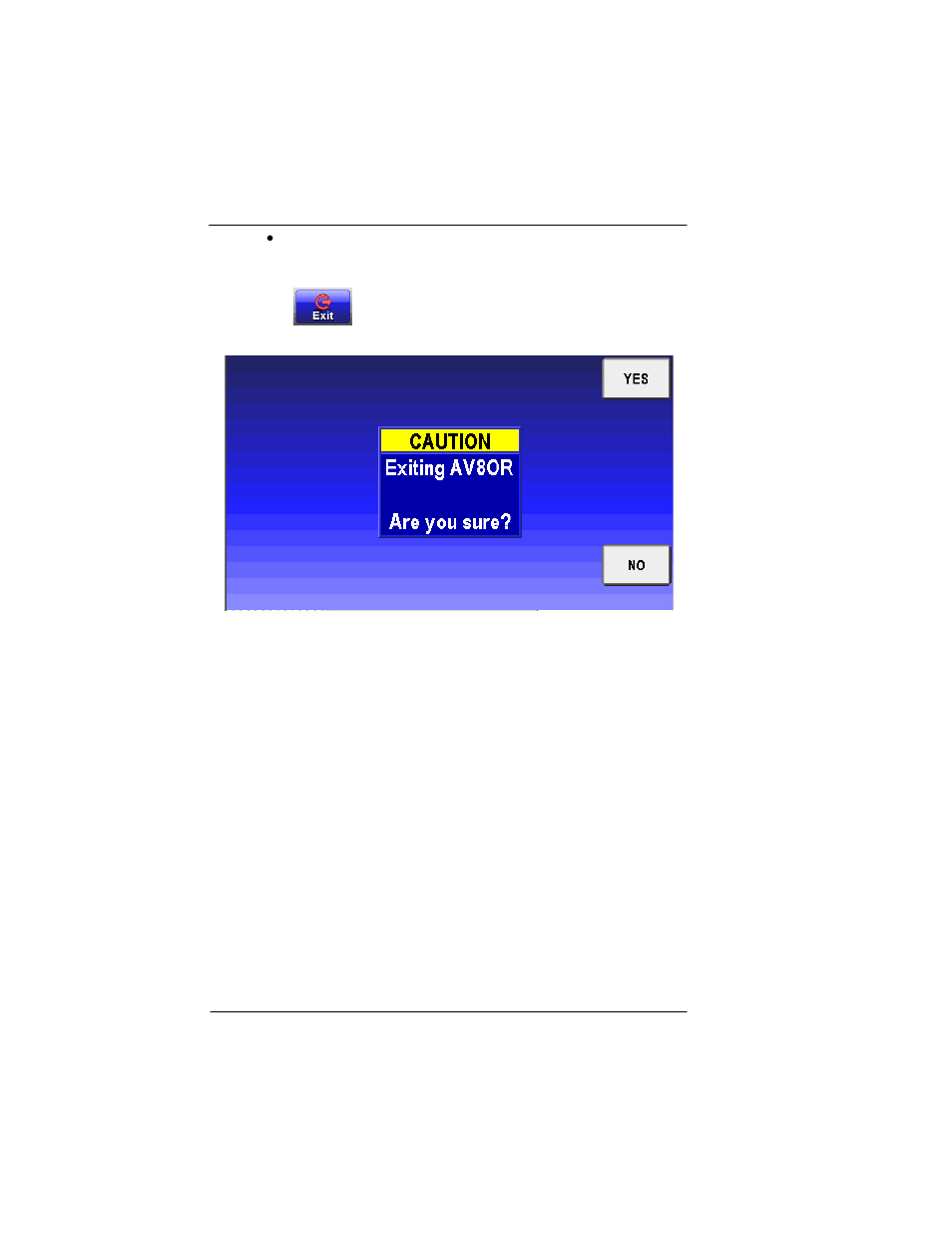 Shut down, Shut down -212, Figure 2-211: exit go fly warning screen -212 | BendixKing AV8OR Ace - Users Guide User Manual | Page 256 / 419