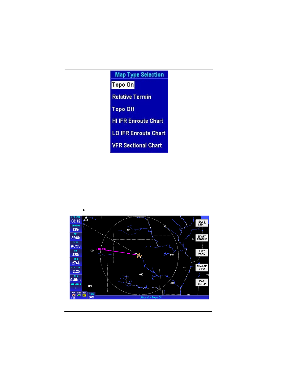 Figure 2-28: map type selection screen: -36, Figure 2-29: map – topo off -36 | BendixKing AV8OR Ace - Users Guide User Manual | Page 80 / 419