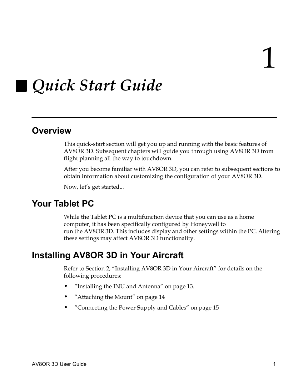 Quick start guide, Chapter 1, Overview | Your tablet pc, Installing, Av8or 3d in your aircraf, Draft – for review only, Installing av8or 3d in your aircraft | BendixKing AV8OR 3D User Manual | Page 13 / 78