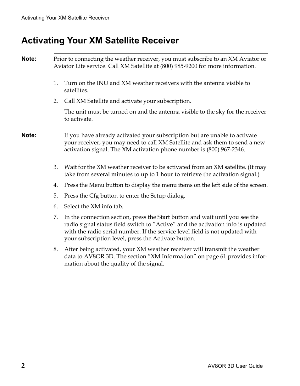 Activating your xm satellite receiver, Draft | BendixKing AV8OR 3D User Manual | Page 14 / 78