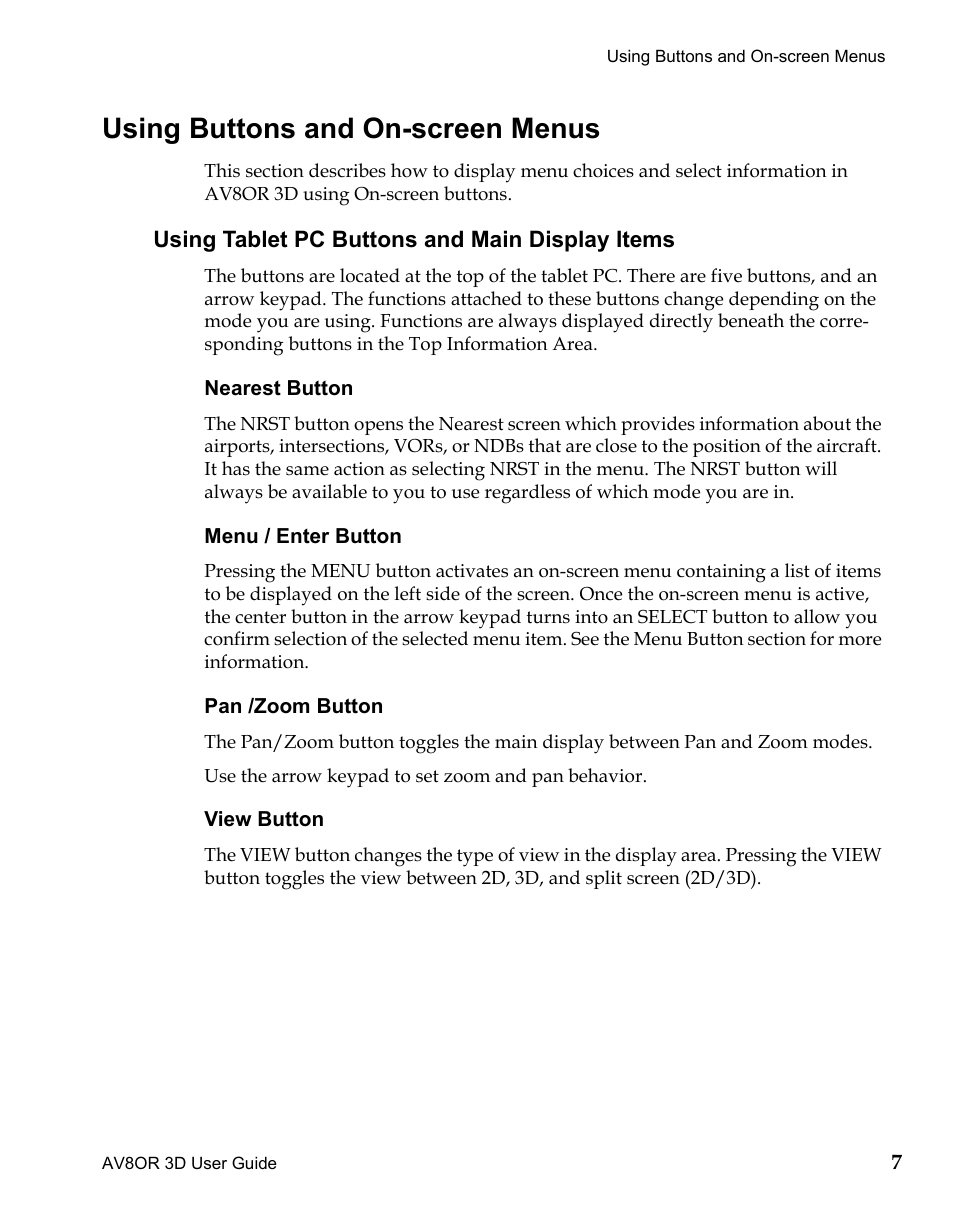 Using buttons and on-screen menus, Using tablet pc buttons and main display items, Draft | BendixKing AV8OR 3D User Manual | Page 19 / 78