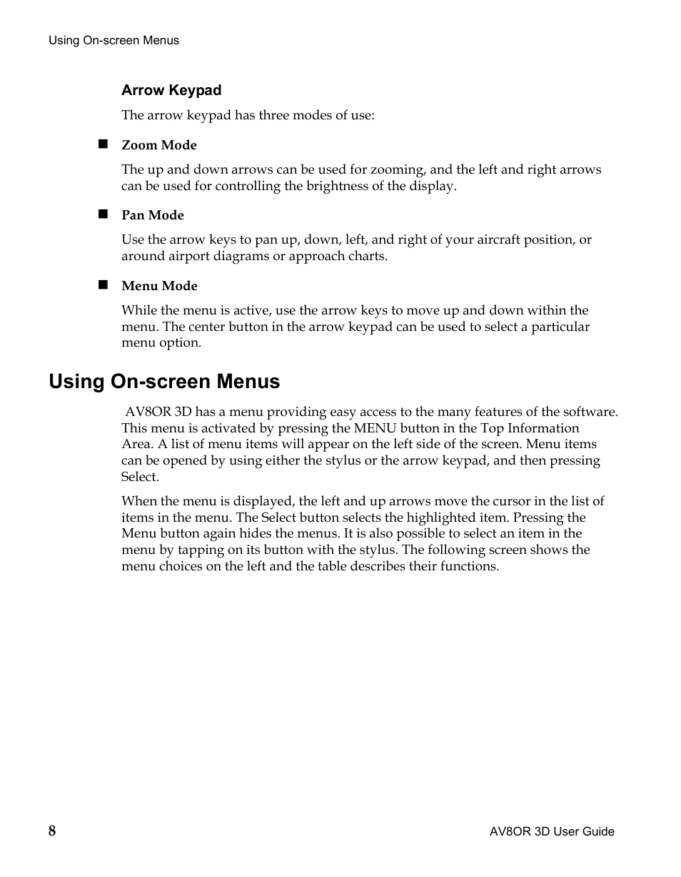 Using on-screen menus, Draft | BendixKing AV8OR 3D User Manual | Page 20 / 78