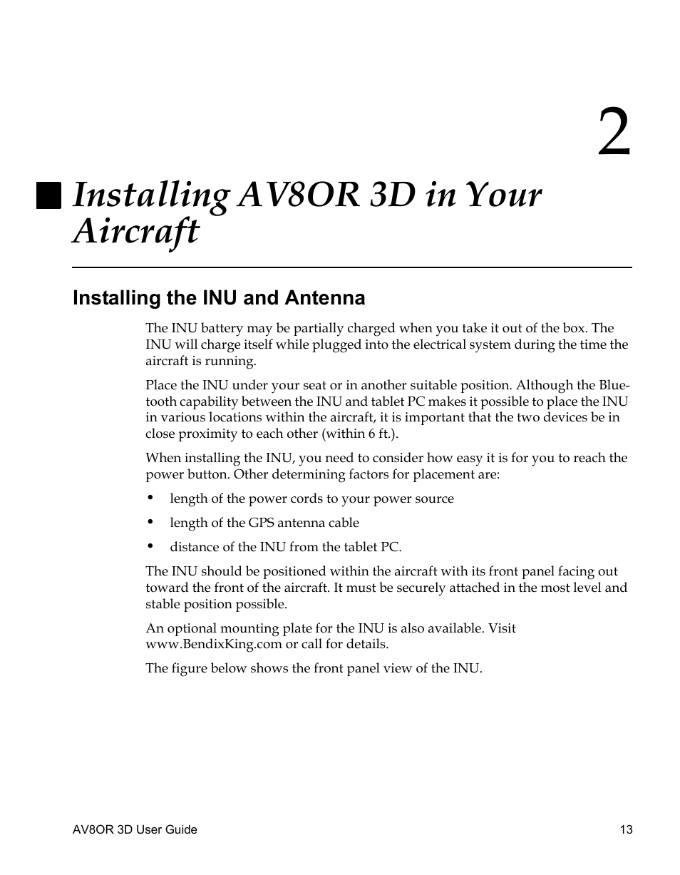 Installing av8or 3d, Chapter 2, Installing the inu and antenna | Installing av8or 3d in your aircraft, Draft – for review only | BendixKing AV8OR 3D User Manual | Page 24 / 78