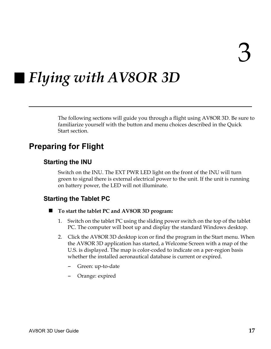 Flying with av8or 3d, Preparing for flight, Chapter 3 | Starting the inu, Starting the tablet pc, Draft – for review only | BendixKing AV8OR 3D User Manual | Page 28 / 78