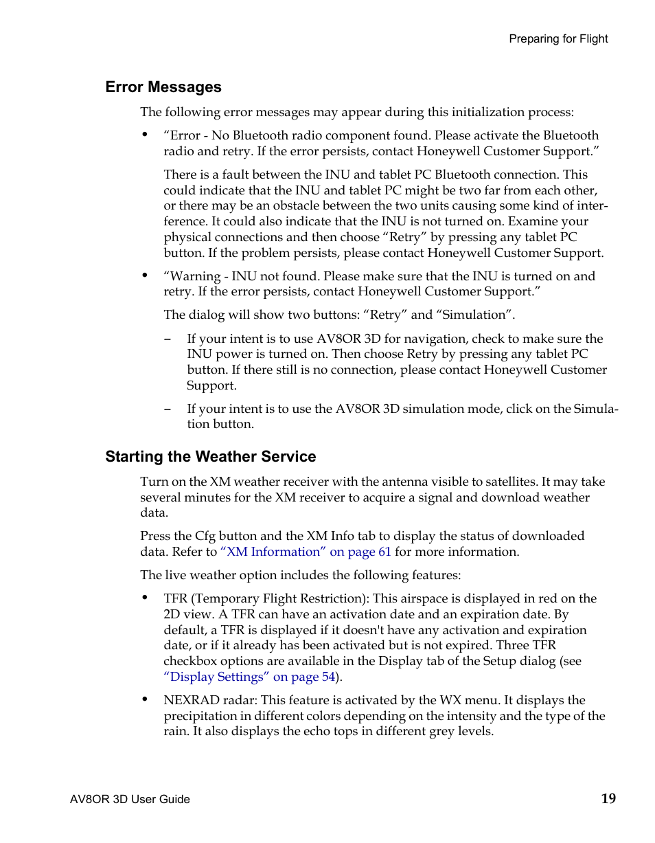 Error messages, Starting the weather service, Draft | BendixKing AV8OR 3D User Manual | Page 30 / 78