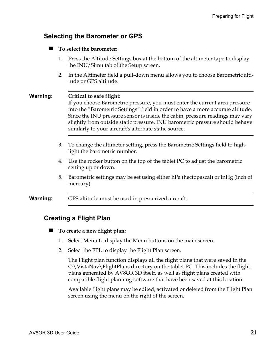 Selecting the barometer or gps, Creating a flight plan, Draft | BendixKing AV8OR 3D User Manual | Page 32 / 78