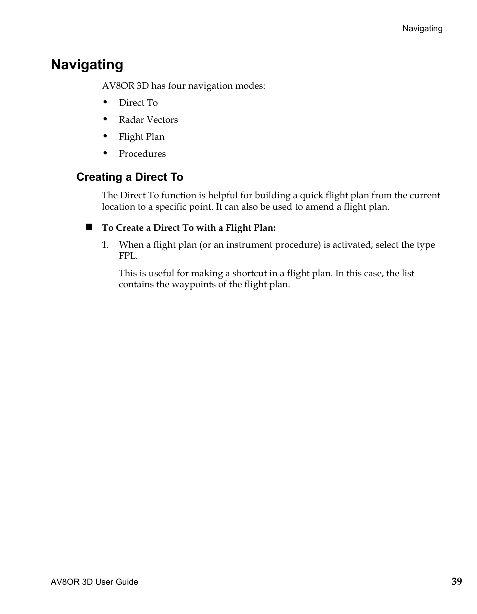 Navigating, Creating a direct to, Draft | BendixKing AV8OR 3D User Manual | Page 50 / 78