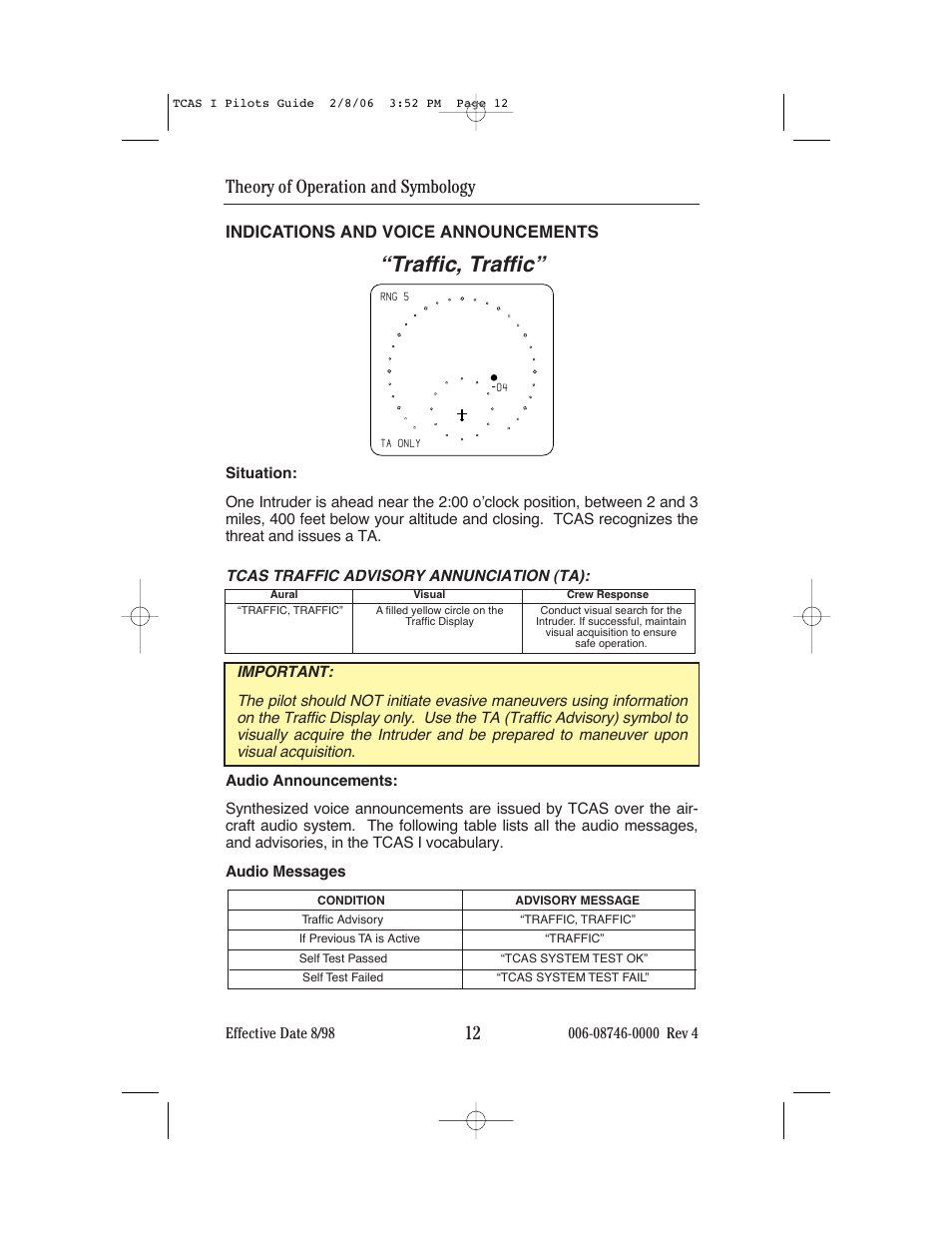 Traffic, traffic, Theory of operation and symbology, Indications and voice announcements | BendixKing CAS 66A User Manual | Page 16 / 57