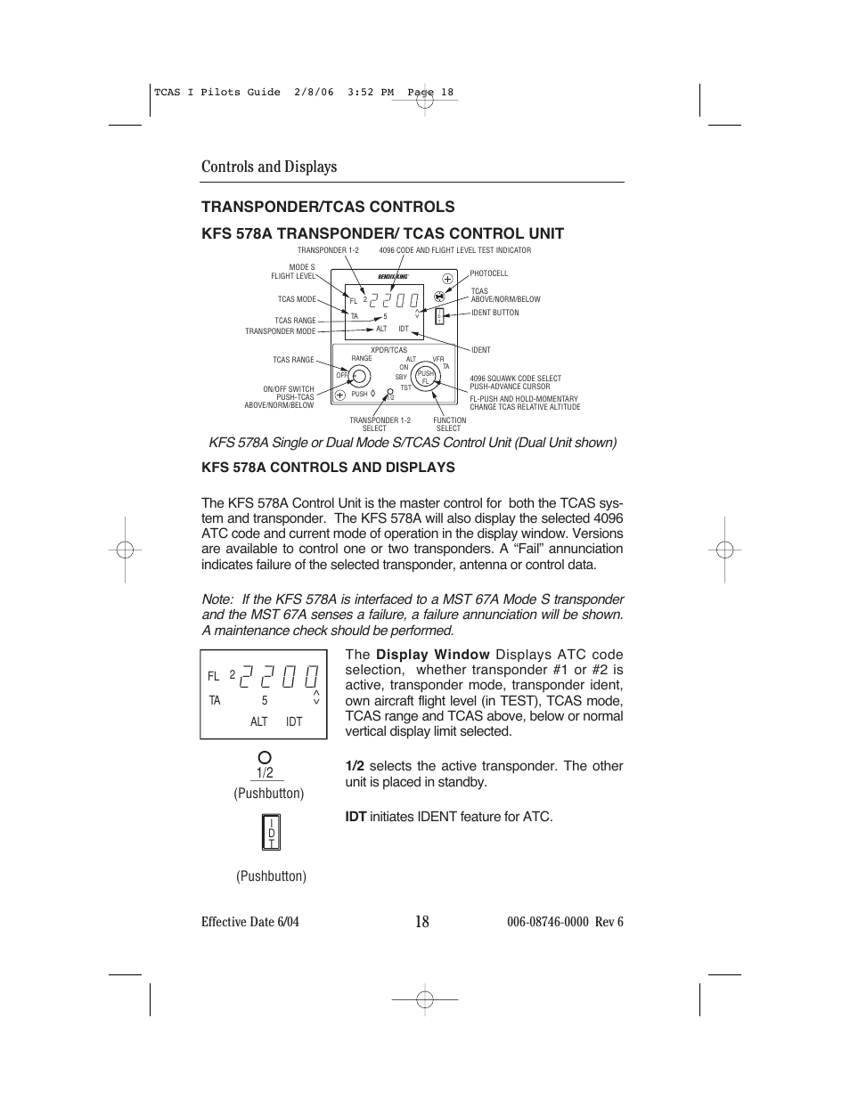 Controls and displays 18, Pushbutton) | BendixKing CAS 66A User Manual | Page 22 / 57