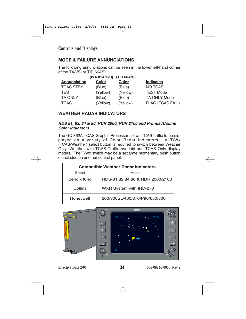 Controls and displays 34, Mode & failure annunciations, Weather radar indicators | BendixKing CAS 66A User Manual | Page 38 / 57