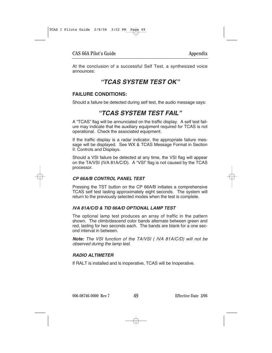 Tcas system test ok, Tcas system test fail | BendixKing CAS 66A User Manual | Page 53 / 57