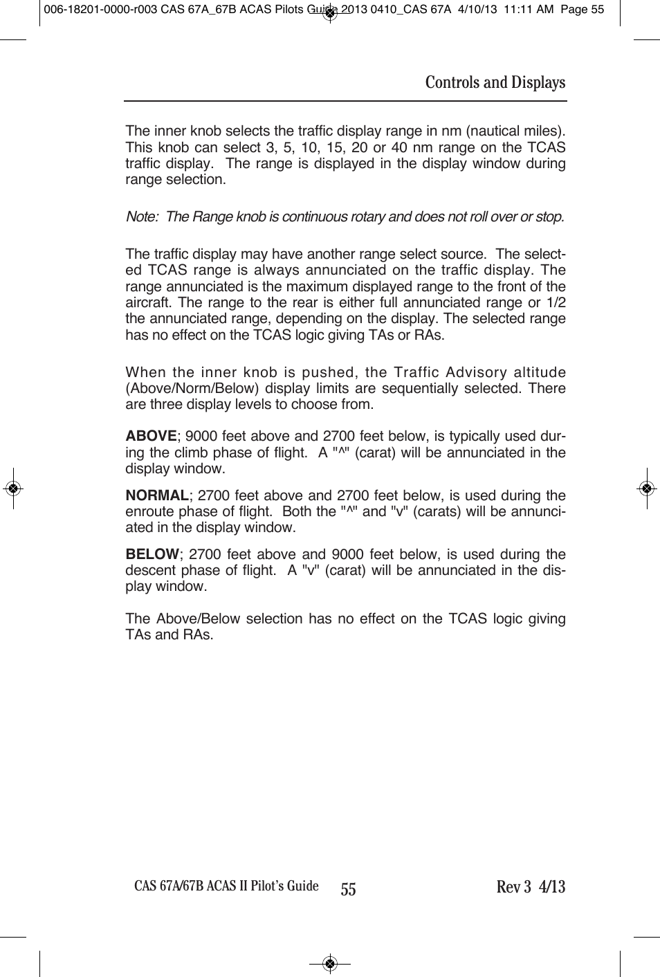 Rev 3 4/13, Controls and displays | BendixKing CAS 67A ACAS II User Manual | Page 61 / 111