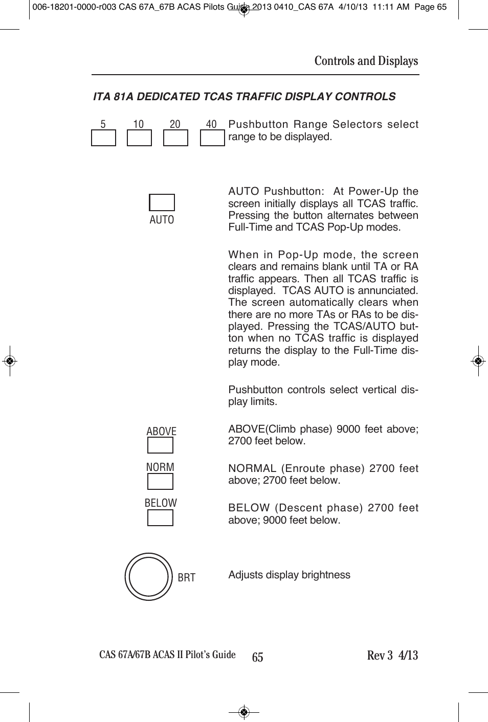 Rev 3 4/13, Controls and displays | BendixKing CAS 67A ACAS II User Manual | Page 71 / 111