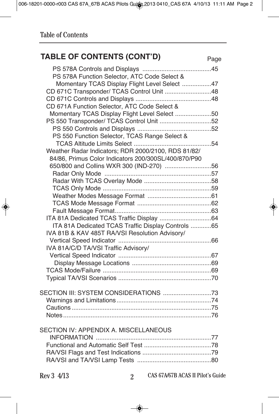 Table of contents (cont’d) | BendixKing CAS 67A ACAS II User Manual | Page 8 / 111