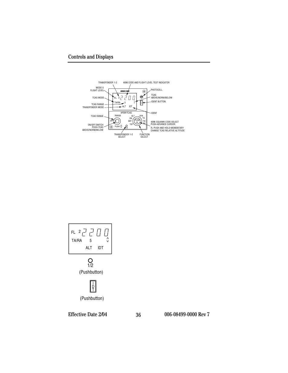 Kfs 578a transponder/tcas control unit, Kfs 578a controls and displays, Controls and displays | Kfs 578a transponder/ tcas control unit, Pushbutton), 2fl ta/ra 5 < > idt alt | BendixKing CAS 67A TCAS II User Manual | Page 38 / 86