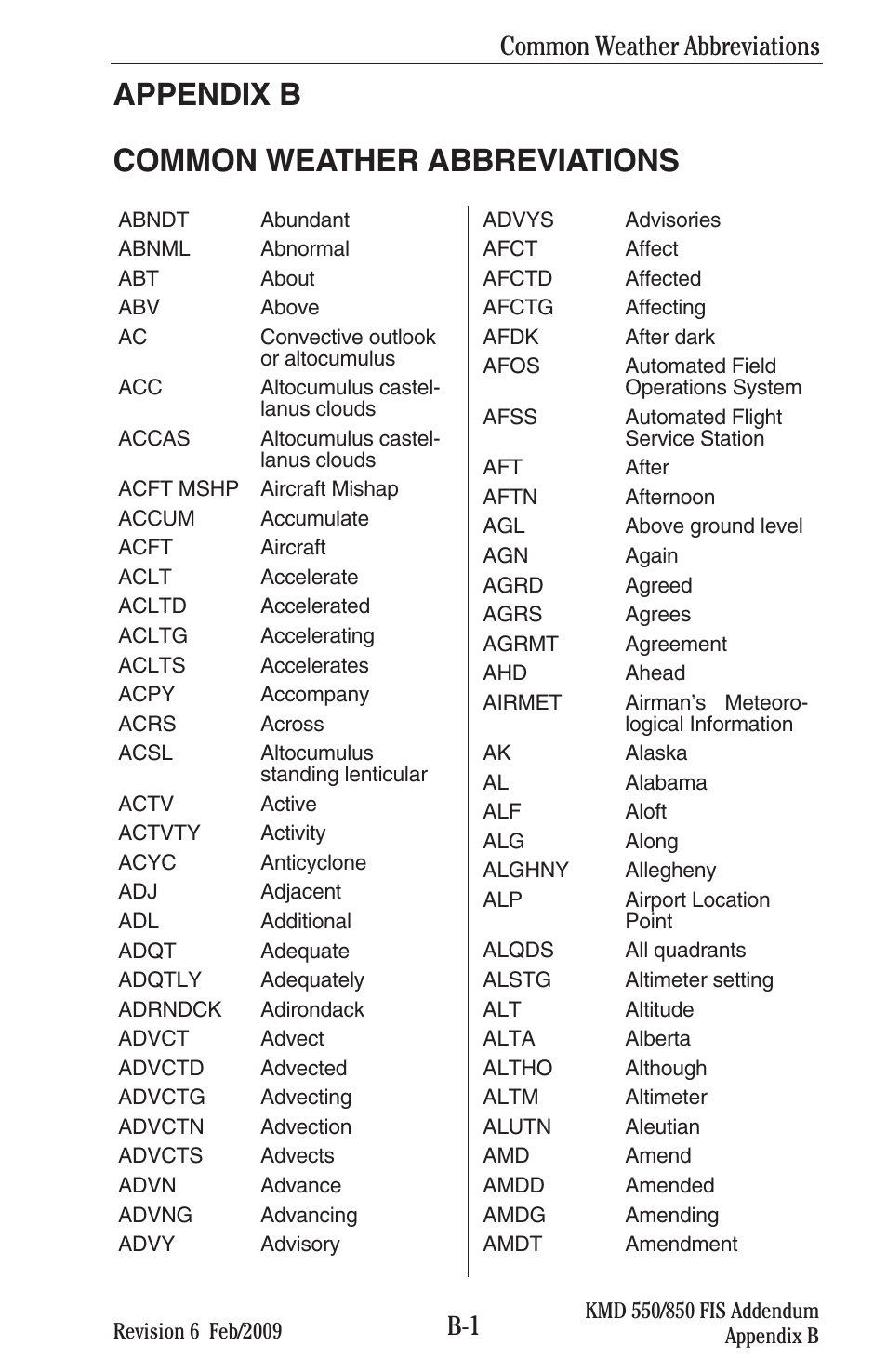 Appendix b common weather abbreviations, B-1 common weather abbreviations | BendixKing KMD 540 - Addendum System KMD 850 User Manual | Page 114 / 136