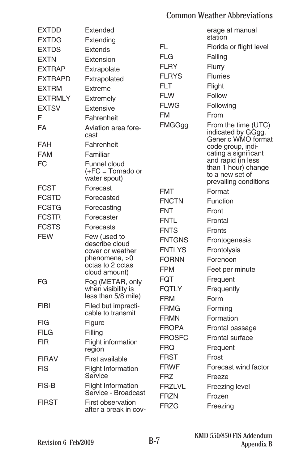 B-7 common weather abbreviations | BendixKing KMD 540 - Addendum System KMD 850 User Manual | Page 120 / 136