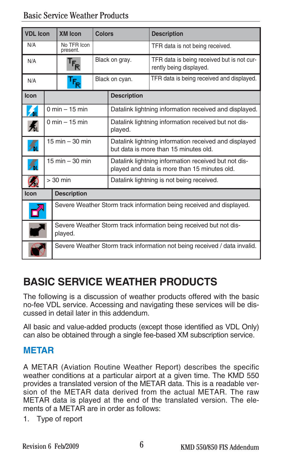 Basic service weather products, Metar | BendixKing KMD 540 - Addendum System KMD 850 User Manual | Page 19 / 136