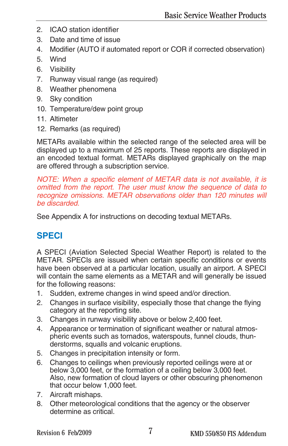 Speci, Basic service weather products | BendixKing KMD 540 - Addendum System KMD 850 User Manual | Page 20 / 136