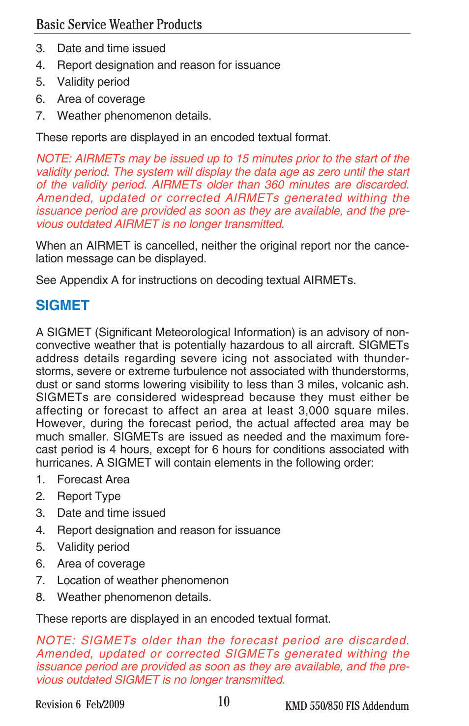 Sigmet, Basic service weather products | BendixKing KMD 540 - Addendum System KMD 850 User Manual | Page 23 / 136