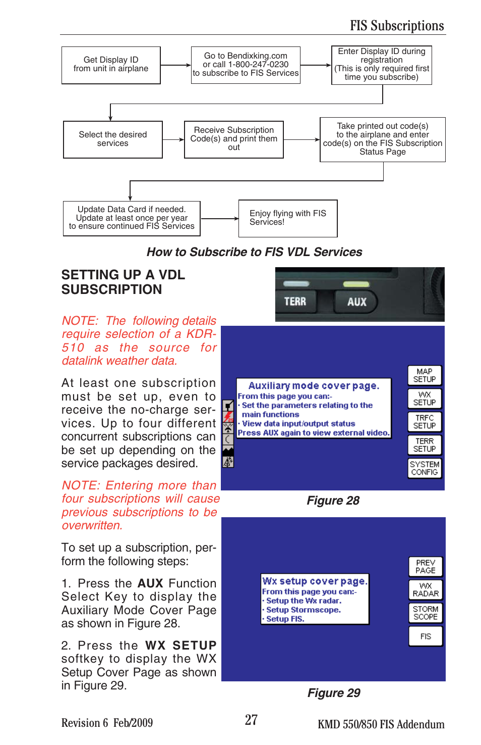 Fis subscriptions, Setting up a vdl subscription, Figure 28 figure 29 | How to subscribe to fis vdl services | BendixKing KMD 540 - Addendum System KMD 850 User Manual | Page 40 / 136