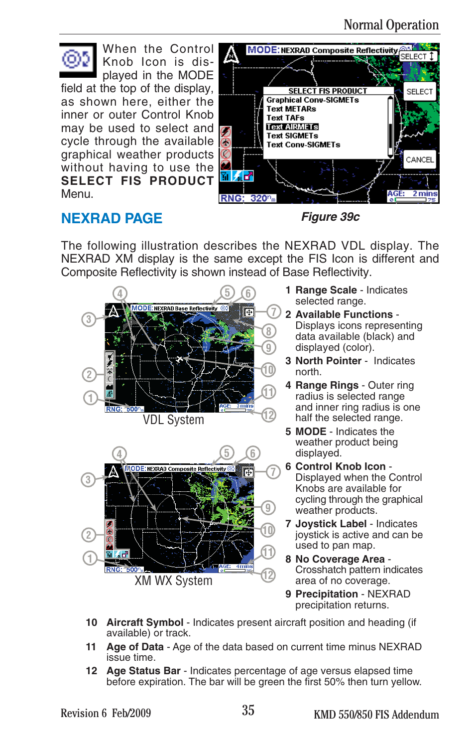 Nexrad page, Normal operation, Vdl system xm wx system | BendixKing KMD 540 - Addendum System KMD 850 User Manual | Page 48 / 136