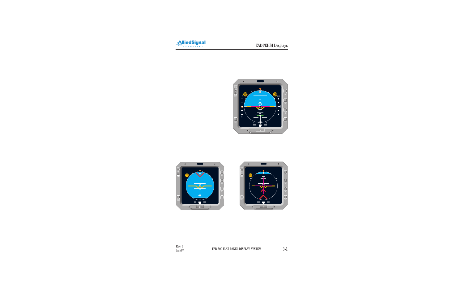 Eadi/ehsi displays, Eadi/ehsi displays 3-1, 1 eadi displays | Figure 3.1-1 normal attitude display, Figure 3.1-2 excessive pitch up display, Figure 3.1-3 excessive pitch down display, Fpd 500 flat panel display system, Rev. 0 jan/97 | BendixKing FPI 3501B System FPD 500 User Manual | Page 11 / 65