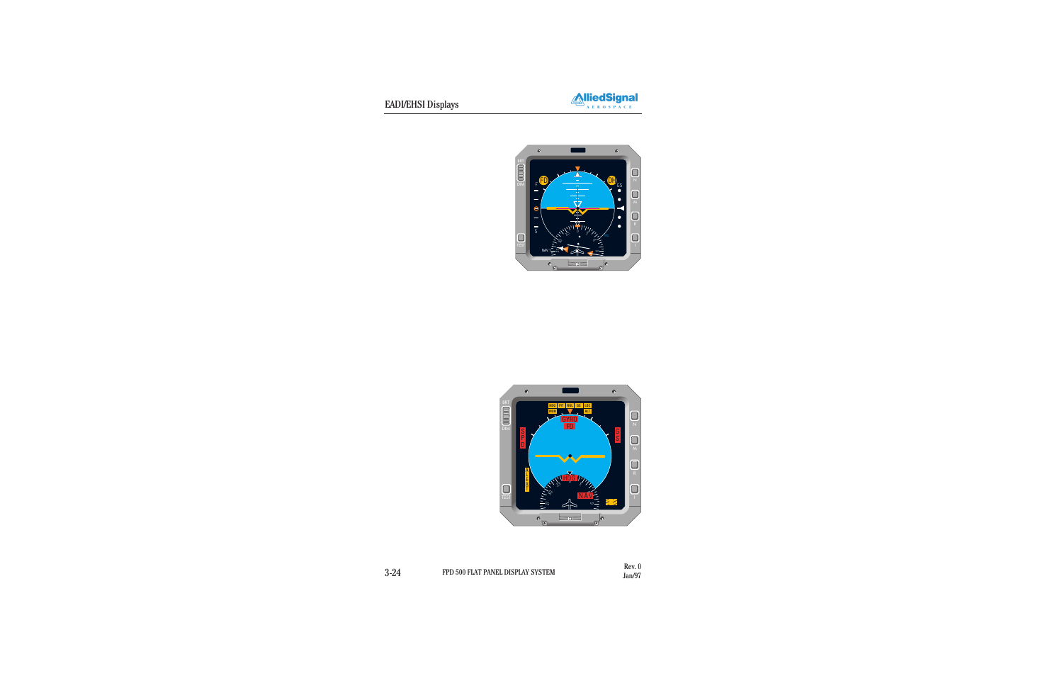 Eadi/ehsi displays 3-24, 3 integrate mode, Figure 3.3-1 integrate display | Figure 3.3-2 integrate mode failure annunciation, Fd dh | BendixKing FPI 3501B System FPD 500 User Manual | Page 34 / 65