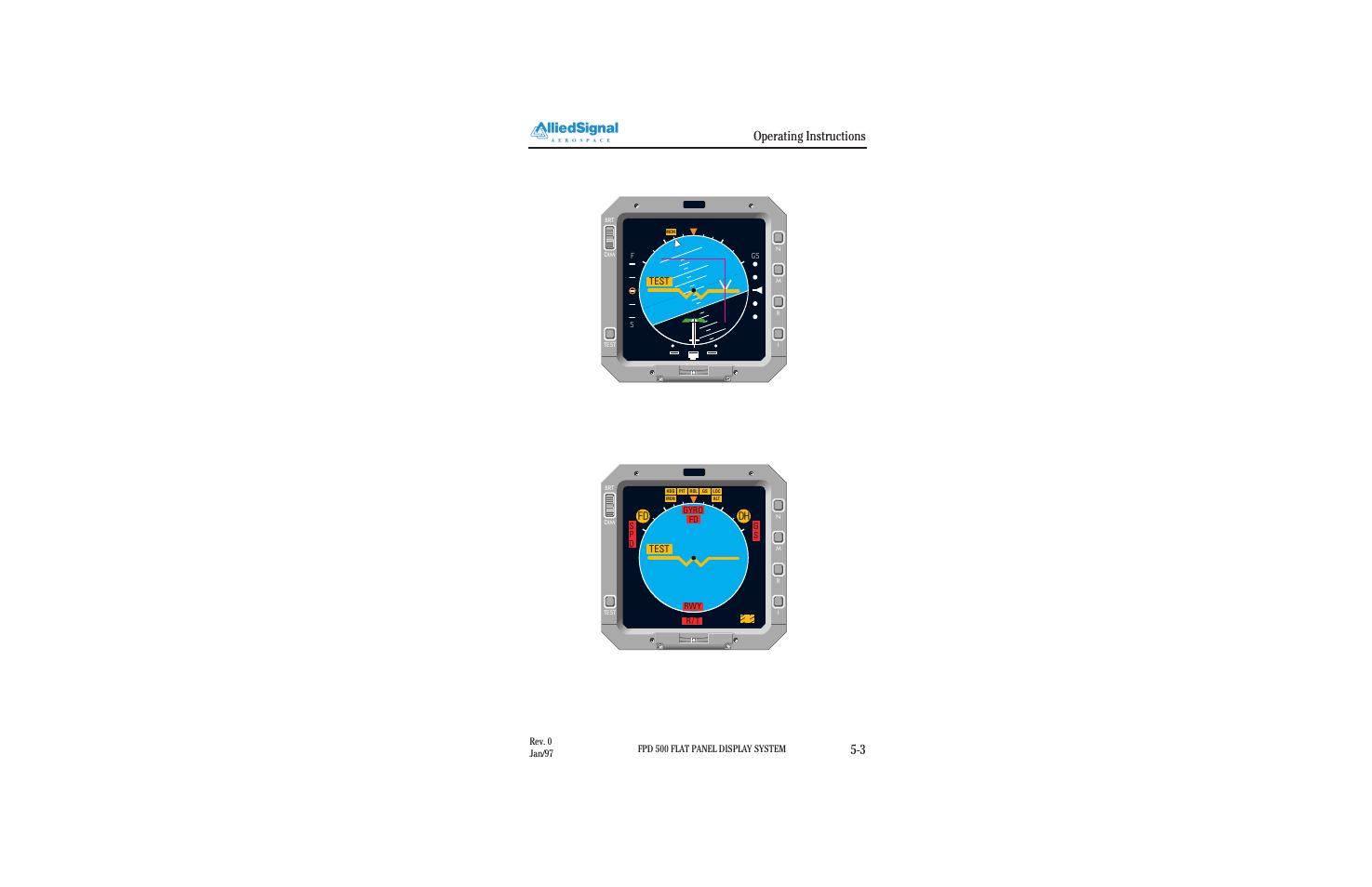 Operating instructions 5-3, Figure 4.1-2 adi self test phase 1, Fd dh | Fpd 500 flat panel display system, Rev. 0 jan/97, Test | BendixKing FPI 3501B System FPD 500 User Manual | Page 47 / 65