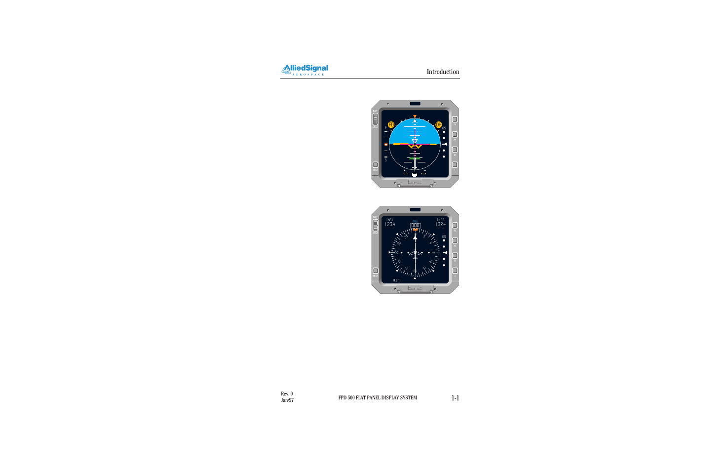 Introduction, Introduction 1-1, Figure 1-1 typical eadi display | Figure 1-2 typical ehsi display, Fpd 500 flat panel display system, Rev. 0 jan/97 | BendixKing FPI 3501B System FPD 500 User Manual | Page 5 / 65
