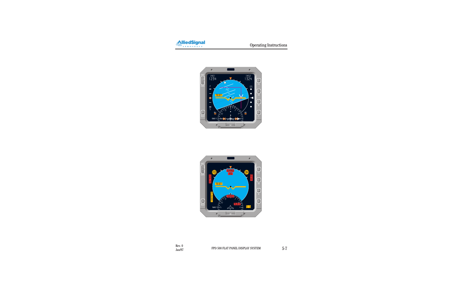 Operating instructions 5-7, Fd dh, Fpd 500 flat panel display system | Rev. 0 jan/97 | BendixKing FPI 3501B System FPD 500 User Manual | Page 51 / 65