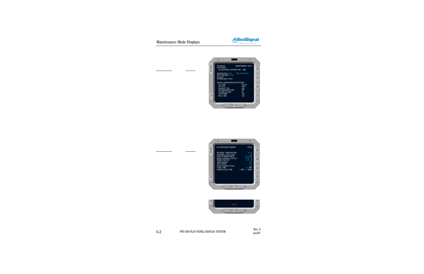 Maintenance mode displays 6-2, 1 maintenance page 1, 2 maintenance page 2 | Figure 5.2-1 maintenance page 2, Figure 6.2-2 frozen maintenance page 2, Figure 6.1-1 maintenance page 1 | BendixKing FPI 3501B System FPD 500 User Manual | Page 54 / 65