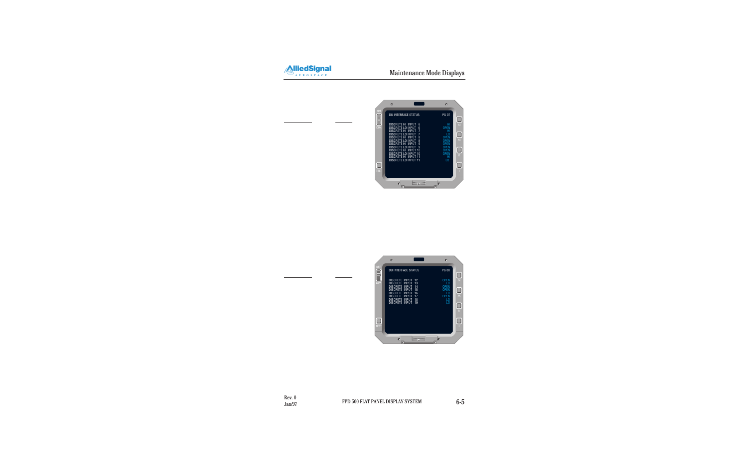 Maintenance mode displays 6-5, 7 maintenance page 7, 8 maintenance page 8 | Figure 6.8-1 maintenance page 8, Figure 6.7-1 maintenance page 7, Fpd 500 flat panel display system, Rev. 0 jan/97 | BendixKing FPI 3501B System FPD 500 User Manual | Page 57 / 65
