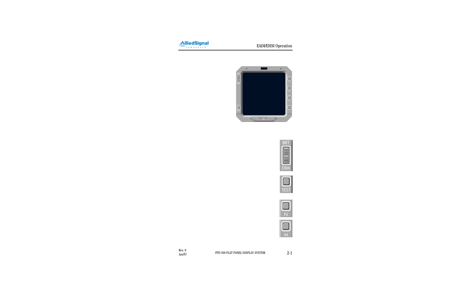 Eadi/ehsi operating controls, Eadi/ehsi operation 2-1, Dim brt test n m | BendixKing FPI 3501B System FPD 500 User Manual | Page 9 / 65