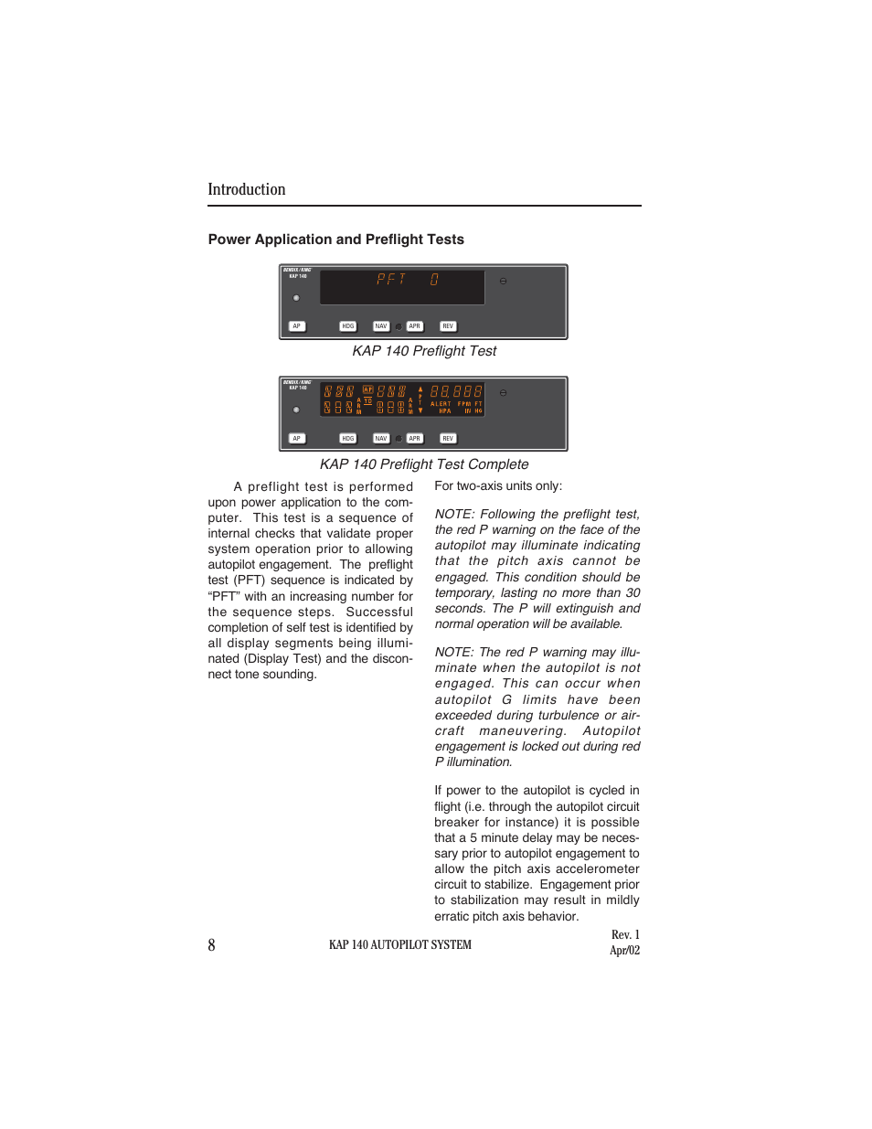 Power application and preflight tests, Introduction 8, Kap 140 preflight test complete | BendixKing KAP 140 User Manual | Page 16 / 102