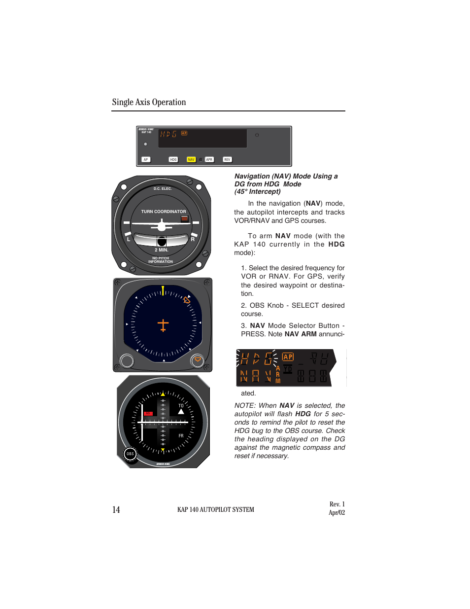 Single axis operation 14 | BendixKing KAP 140 User Manual | Page 22 / 102