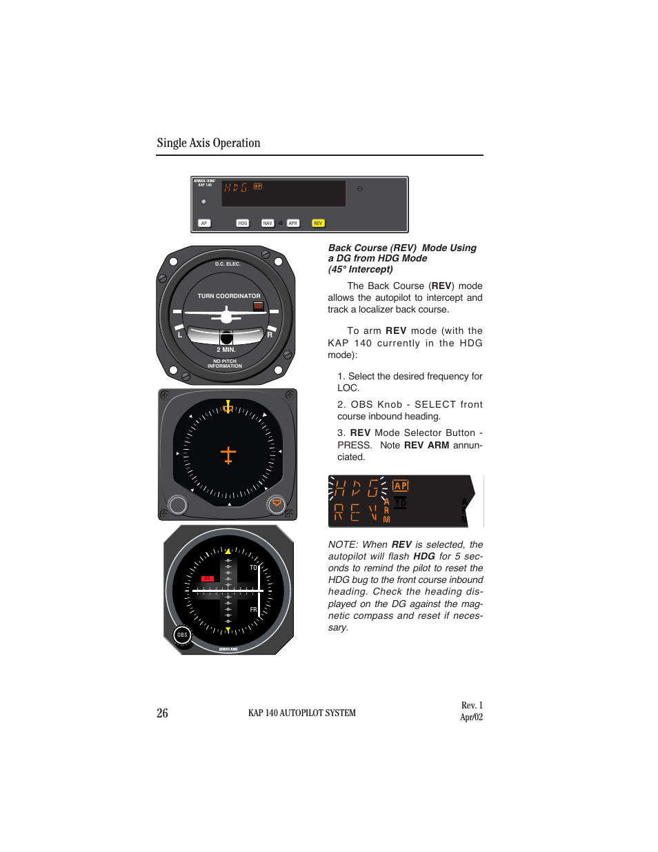 Single axis operation 26 | BendixKing KAP 140 User Manual | Page 34 / 102