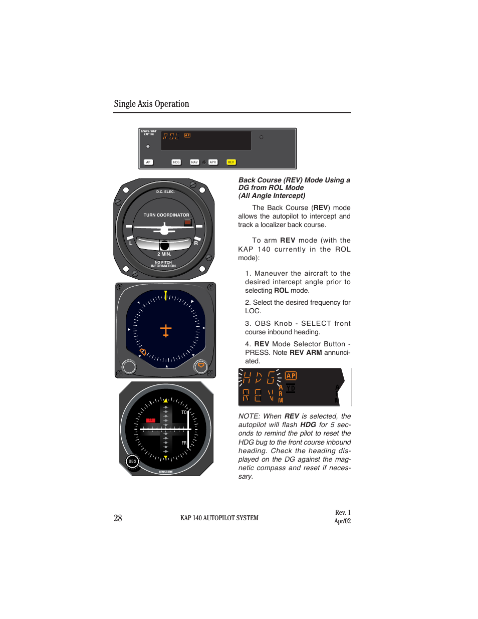 Single axis operation 28 | BendixKing KAP 140 User Manual | Page 36 / 102