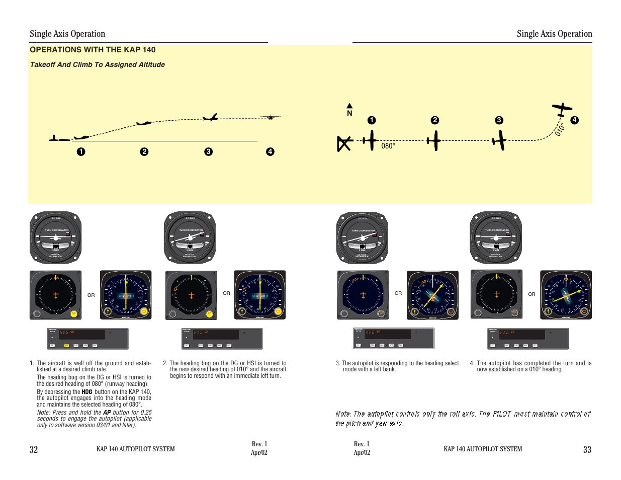 Operations with the kap 140, Takeoff and climb to assigned altitude, Single axis operation | Single axis operation 32 33, Kap 140 autopilot system | BendixKing KAP 140 User Manual | Page 40 / 102